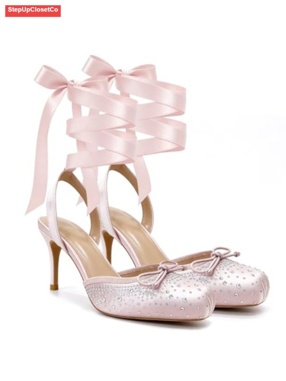 Satin Ballet Heels Lace Up Bow Square Toe Slingback Stiletto Pumps